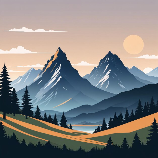 Ilustracja płaska sylwetki krajobrazu górskiego o zachodzie słońca