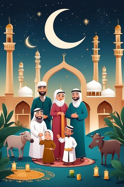 Ilustracja płaskich ludzi świętujących Eid al-Adha