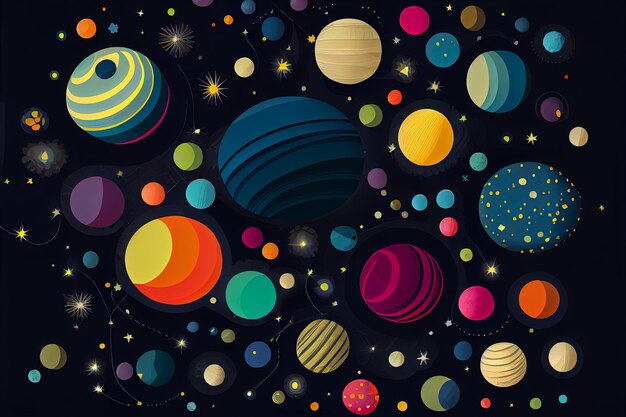 Ilustracja płaskich wielobarwnych planet kulki tła Generative AI