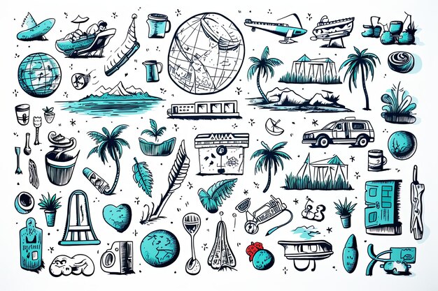Ilustracja podróżnicza i turystyczna i ręcznie narysowane elementy wakacyjne przedstawiają klipart na białym tle