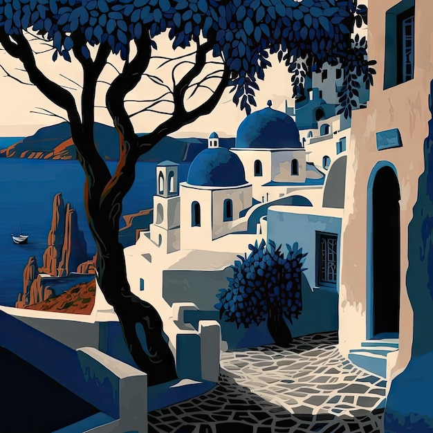 Ilustracja podróży Santorini Grecja koncepcja turystyki Europa Zachodnia rysunek imitacja sztucznej treści generatywnej
