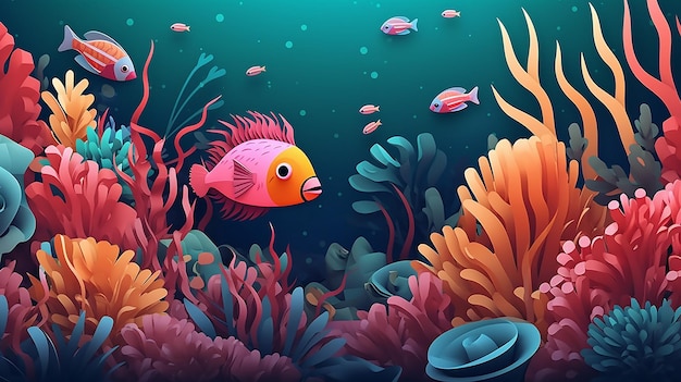 Ilustracja podwodna scena z rafą koralową i rybami Generative AI