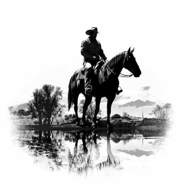 ilustracja podwójnej ekspozycji sylwetki kowboja z hiperrealistą