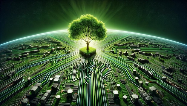 Ilustracja pokazująca drzewo rosnące w punkcie zbieżności płyty obwodowej komputera