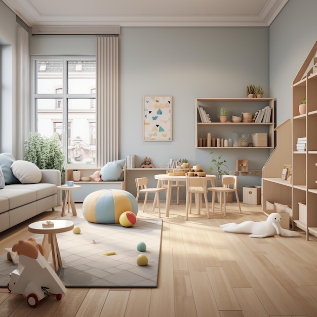 ilustracja pokoju zabaw dla dzieci w skandynawskim stylu minimalistycznym