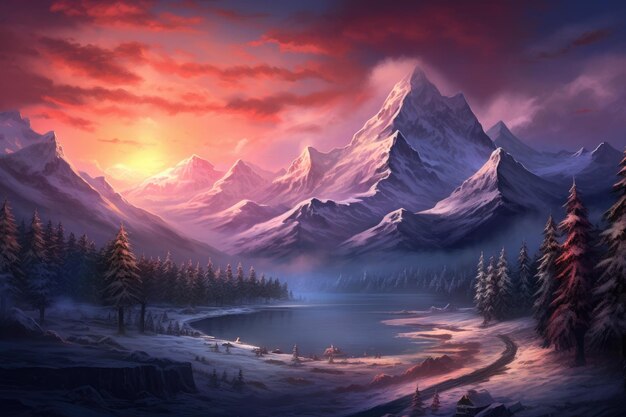 ilustracja pokrytego śniegiem pasma górskiego