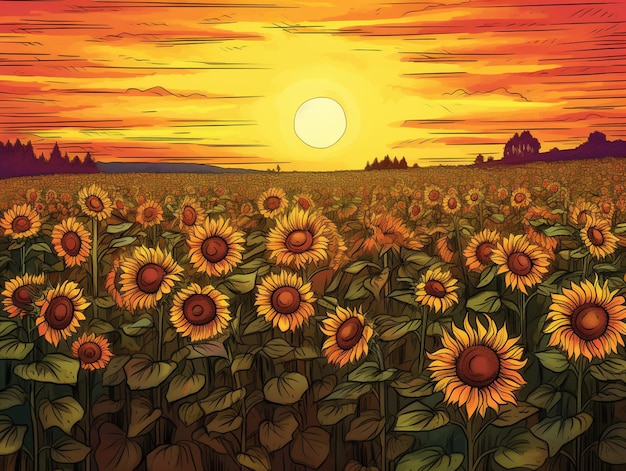 Ilustracja pola słoneczników z zachodem słońca w tle generatywny ai