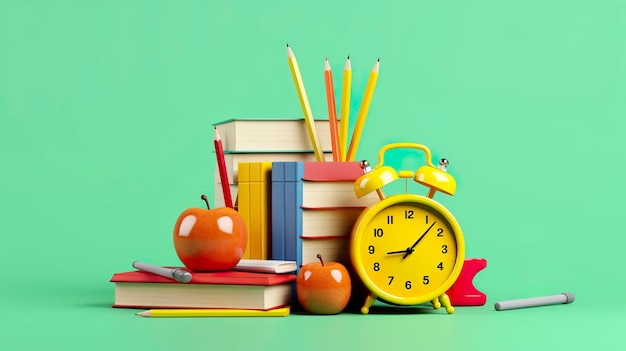 Ilustracja pop-artu akcesoriów szkolnych z książkami z jabłkami i budzikiem na tle szkoły Powrót do koncepcji szkoły Renderowanie 3D AI generatywne