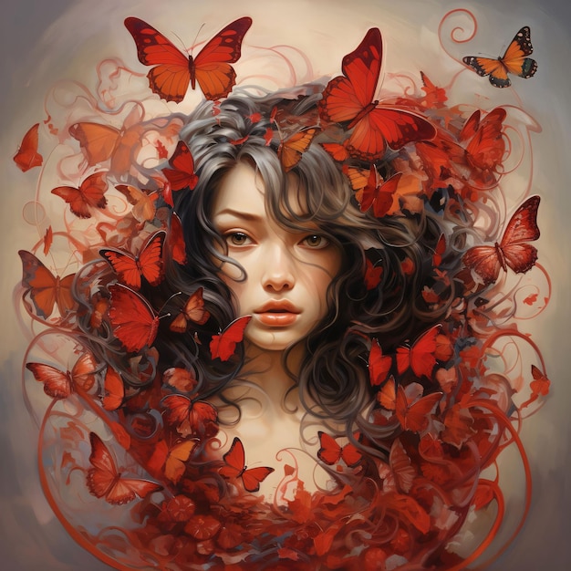 Ilustracja popiersia młodej kobiety z czerwonymi motylami wokół jej Walentynek jako symbol uczuć i miłości