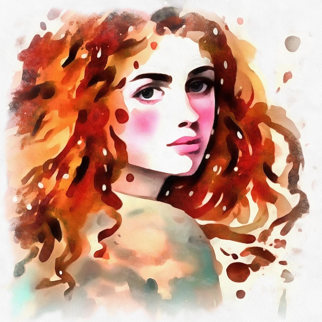 Ilustracja portret pięknej kobiety w stylu akwareli na płótnie papierowym Generative AI