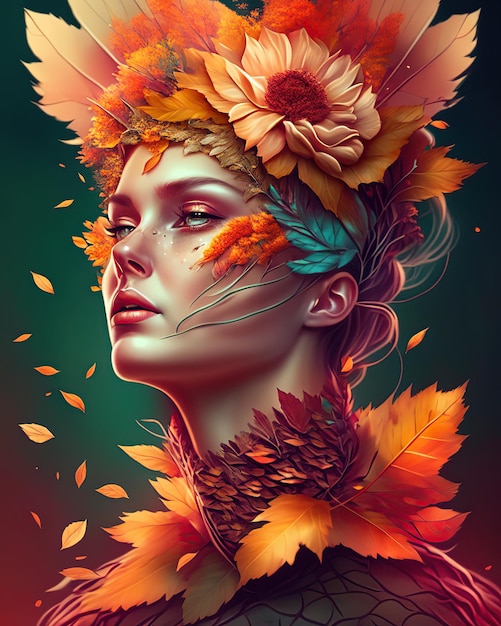 ilustracja portretu kobiety z jesiennymi liśćmi i pomarańczowymi tonami