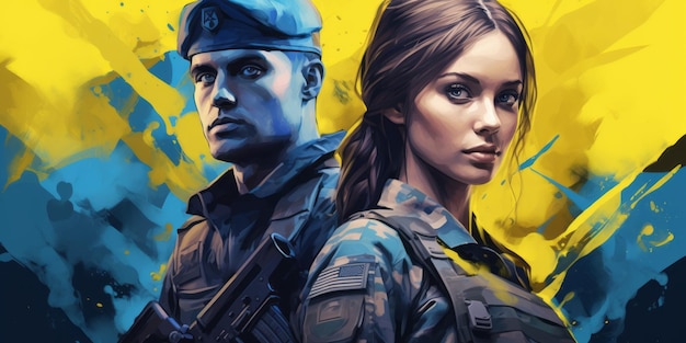 ilustracja portretu mężczyzny i kobiety ukraińskich żołnierzy na żółtym i niebieskim tle