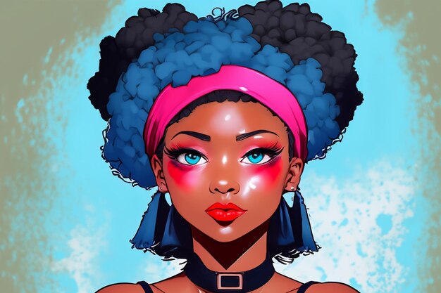 Ilustracja portrety kobiet Awatar dla sieci społecznościowej Płaska ilustracja czarnej kobiety Piękne anime kreskówka Afroamerykanka kobieta dziewczyna kreskówka kobieta Zbliżenie ilustracja twarzy kobiety