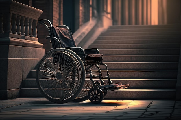 Ilustracja porzuconego wózka inwalidzkiego przed schodami niedostępnymi dla osób o ograniczonej sprawności ruchowej Ai wygenerowana