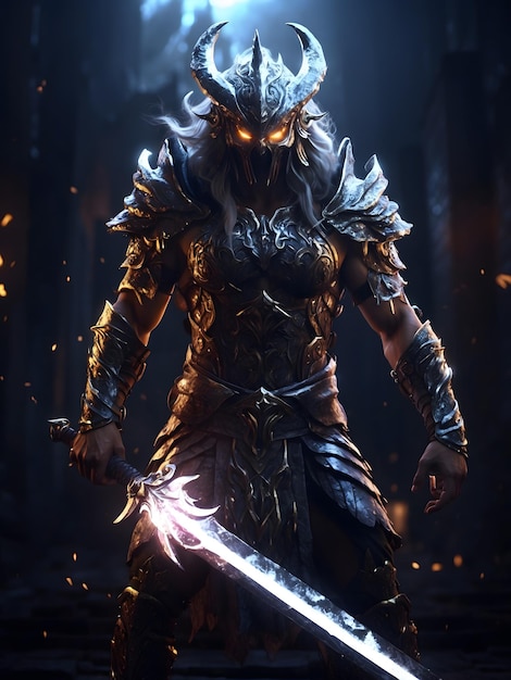 Zdjęcie ilustracja postaci przedstawiająca zaciekłego wojownika z świecącym mieczem otoczonego mistycznym ru