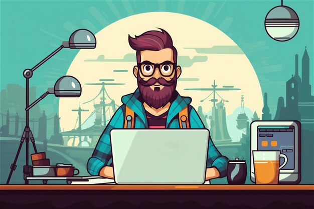 Ilustracja Praca w domu Freelancer programista IT pracujący na laptopie, siedząc przy biurku