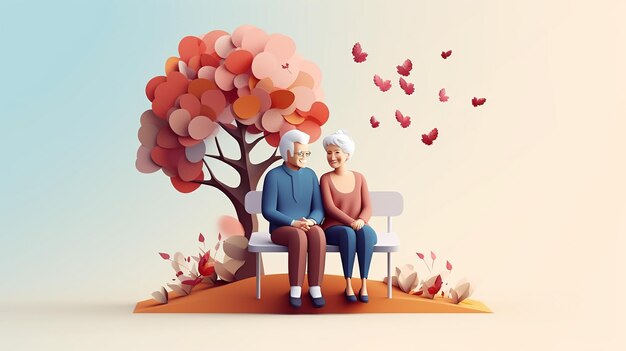 Ilustracja projektowa 3D przedstawiająca osoby starsze cieszące się chwilą