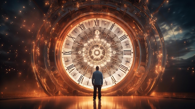Zdjęcie ilustracja przedstawia człowieka i duży zegar, aby reprezentować ideę zarządzania czasem generative ai