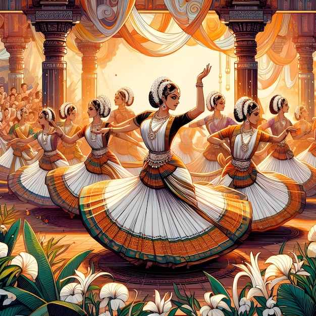 Zdjęcie ilustracja przedstawia elegancję kobiet wykonujących wdzięczny taniec thiruvathira pośród