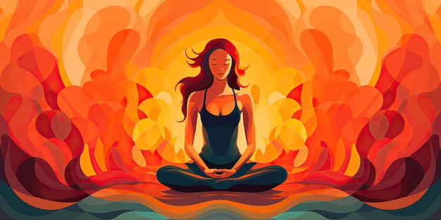 Ilustracja przedstawia spokojną młodą kobietę, która z wdziękiem ćwiczy jogę, a jej ciało tworzy eleganckie pozy emanujące spokojem i wewnętrznym spokojem.