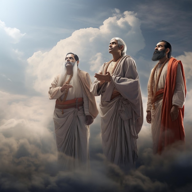 ilustracja przedstawiająca 4 hinduskich mężczyzn stojących w chmurach w rzędzie i patrzących w dół