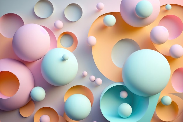 Ilustracja przedstawiająca abstrakcyjną geometrię kulek w pastelowych kolorach Generowanie AI