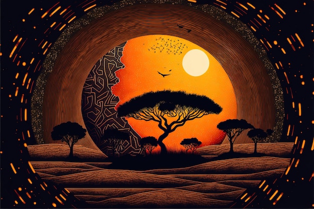 Ilustracja przedstawiająca afrykańską sawannę w kółku z pięknymi wzorami, miesiąc czarnej historii. Generatywny