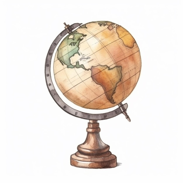 Zdjęcie ilustracja przedstawiająca akwarelową kulę ziemską z metalowym stojakiem i generatywnym ai na białym tle