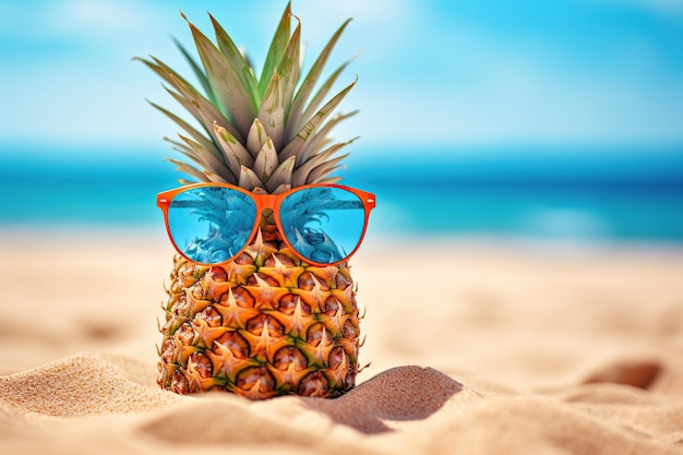 Ilustracja przedstawiająca ananasa w okularach przeciwsłonecznych na piasku na plaży Generative AI