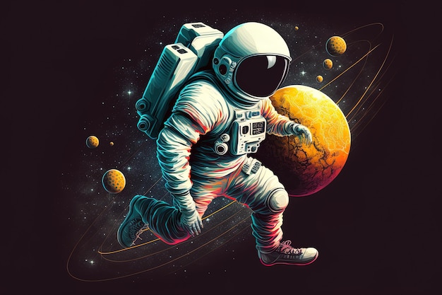 Ilustracja przedstawiająca astronautę grającego w piłkę nożną na planecie