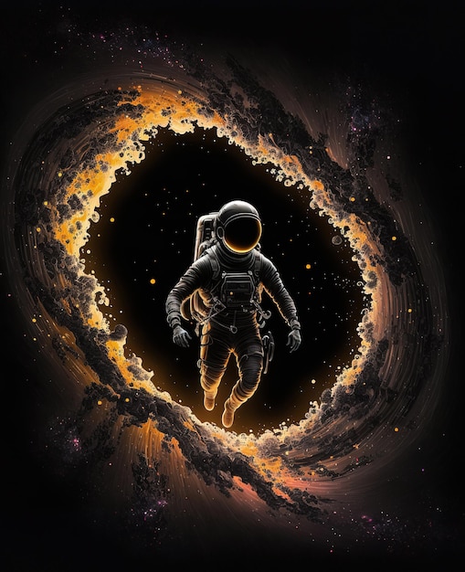 Ilustracja przedstawiająca astronautę unoszącego się w czarnej dziurze