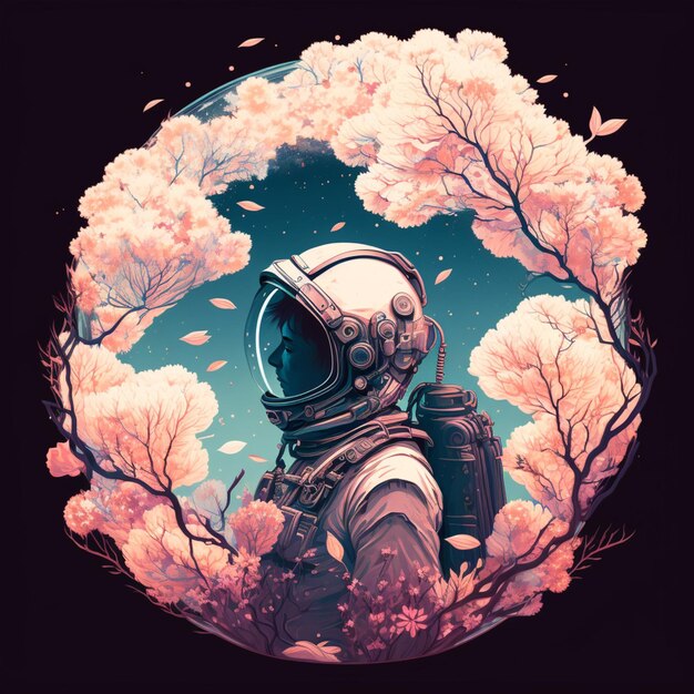 Ilustracja przedstawiająca astronautę w kole z różowymi kwiatami.