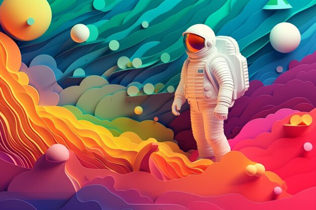 Ilustracja przedstawiająca astronautę w kolorowej przestrzeni