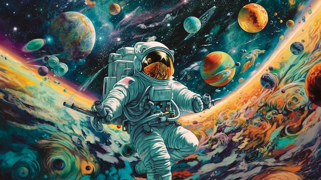 Ilustracja przedstawiająca astronautę w kosmosie z planetami w tle.