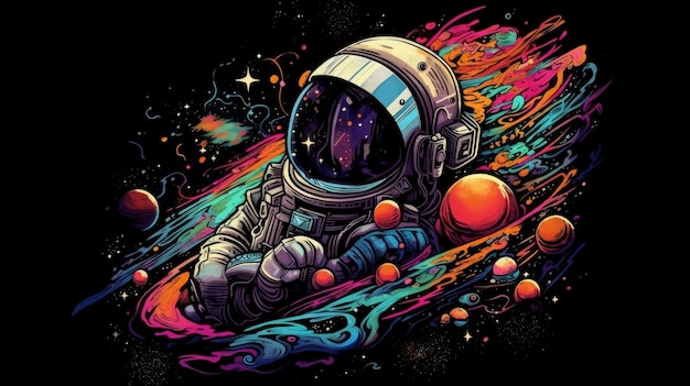 Ilustracja przedstawiająca astronautę w kosmosie z planetami w tle.