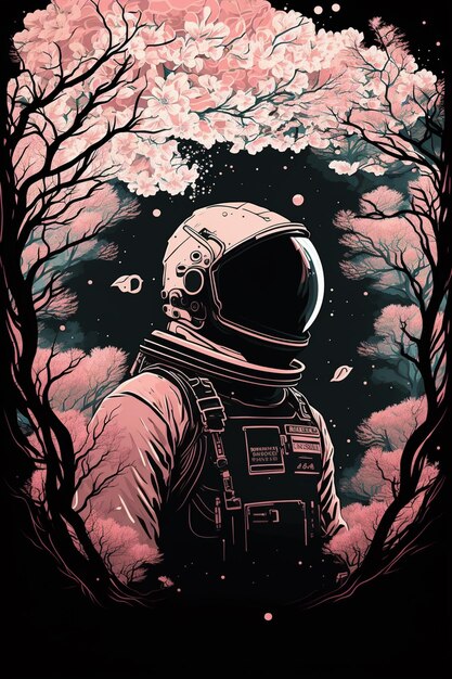 Ilustracja przedstawiająca astronautę w różowym lesie