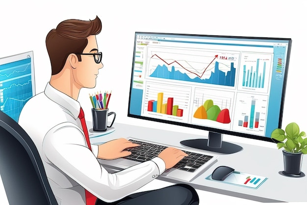 ilustracja przedstawiająca biznesmena korzystającego z komputera z wykresami i wykresamiilustracja przedstawiającego biznesmena korzystającego z komputera