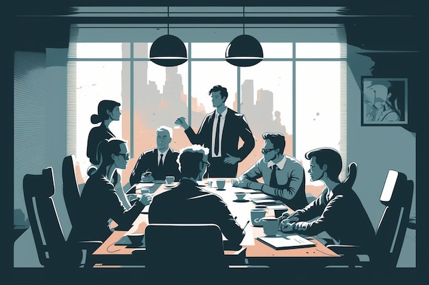 Ilustracja przedstawiająca biznesową salę konferencyjną z mężczyzną w garniturze i kobietą generatywną ai