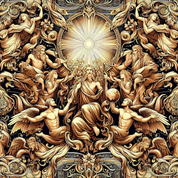 ilustracja przedstawiająca bogów olimpijskich w złocie