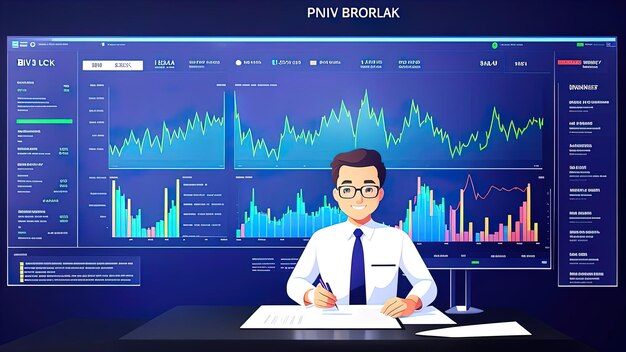 Ilustracja przedstawiająca brokera i wykresy symbolizuje biznes i finanse związane z inwestycjami walutowymi na giełdzie