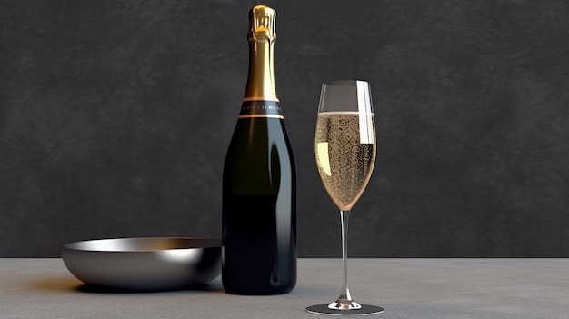 Ilustracja przedstawiająca butelkę szampana obok kieliszka