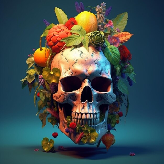 ilustracja przedstawiająca czaszkę z bukietem roślin