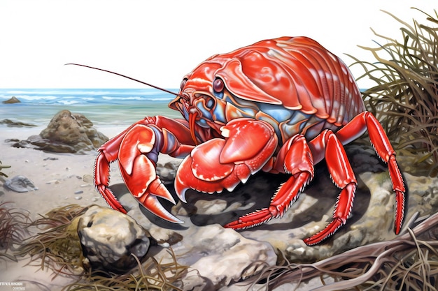 Ilustracja przedstawiająca czerwone raki na dnie morskim
