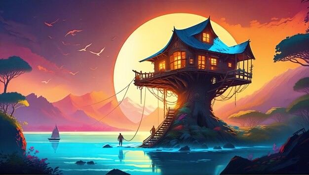 Zdjęcie ilustracja przedstawiająca domek na drzewie na klifie z pełnią księżyca na niebie