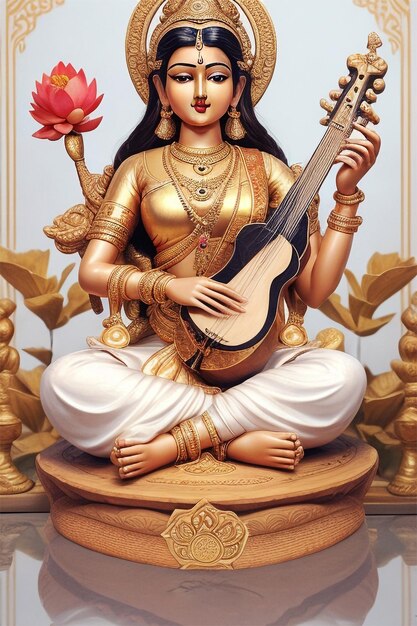Zdjęcie ilustracja przedstawiająca drewniany instrument muzyczny utopionej bogini saraswati