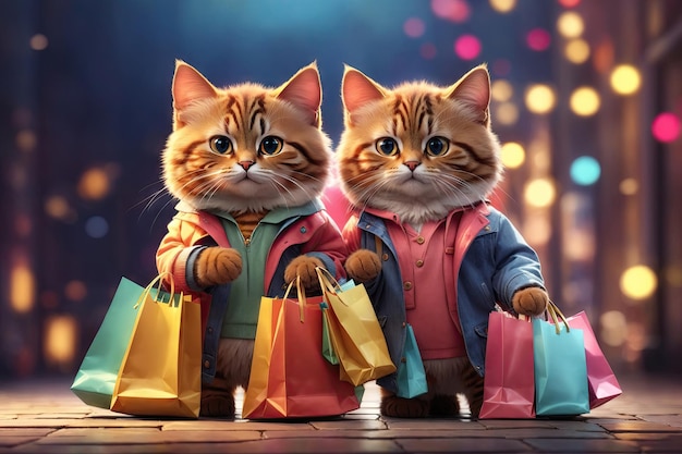 Ilustracja przedstawiająca dwa koty trzymające torby na zakupy