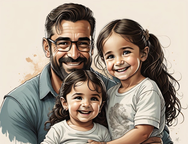 Ilustracja przedstawiająca dwie dziewczynki z ojcem z generatywną ai