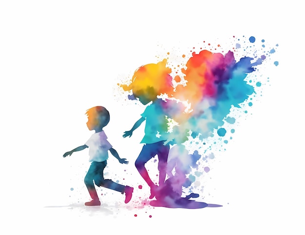 Ilustracja przedstawiająca dwóch małych chłopców bawiących się razem w kolorowych plamach farby na dzień dziecka