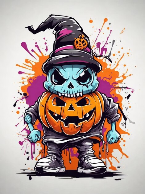 Ilustracja przedstawiająca dynię w kapeluszu wiedźmy na ilustracji z motywem Halloween