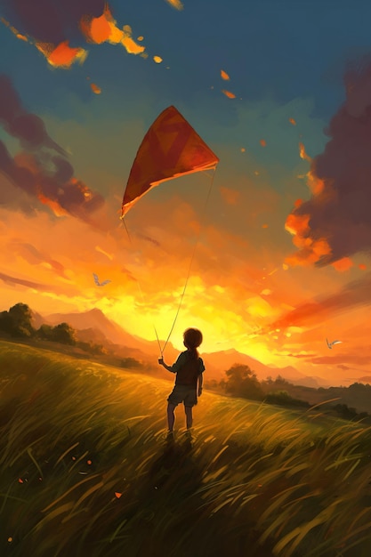Ilustracja przedstawiająca dziecko bawiące się latawcem na polu